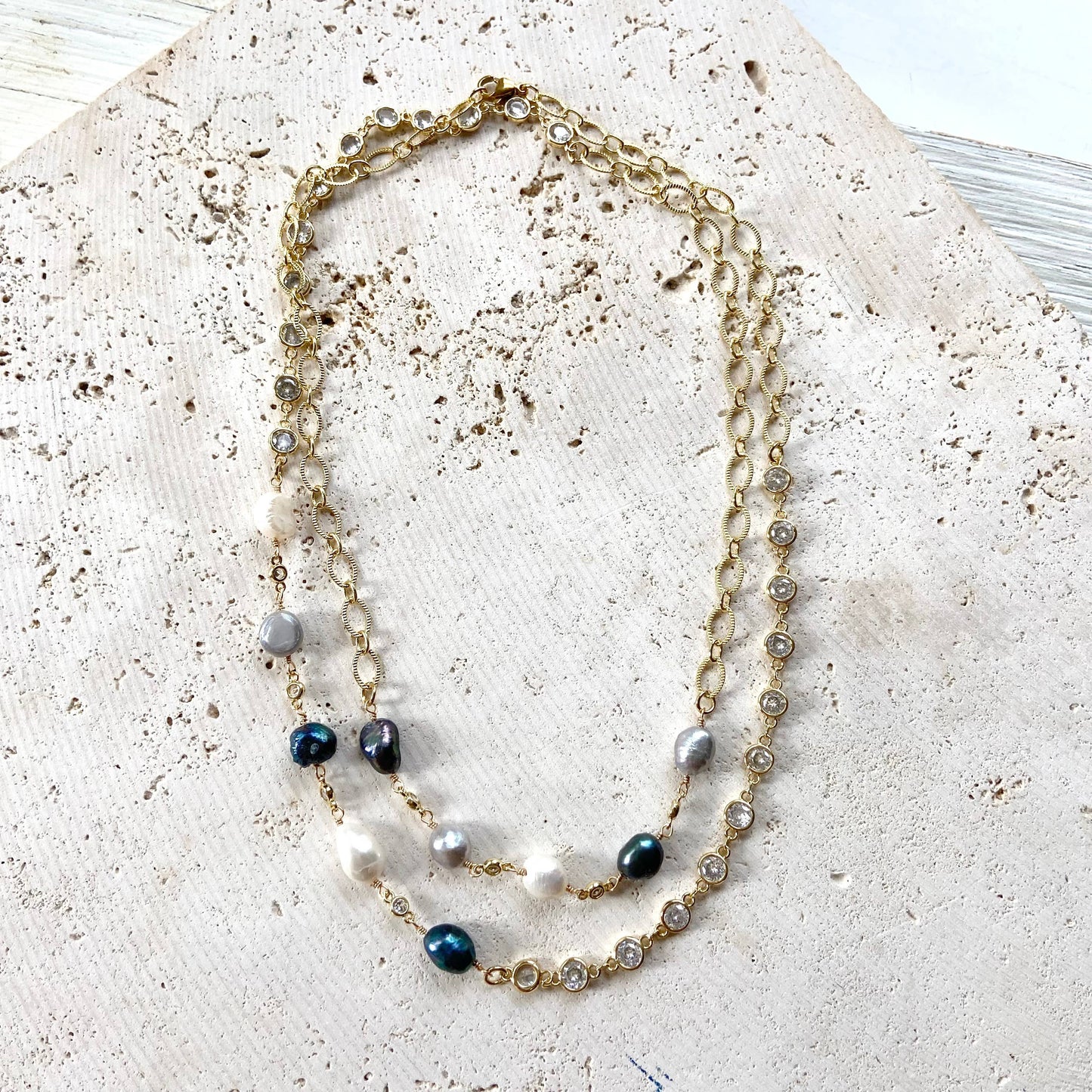 Denim Pearl Crystal Layering Necklace