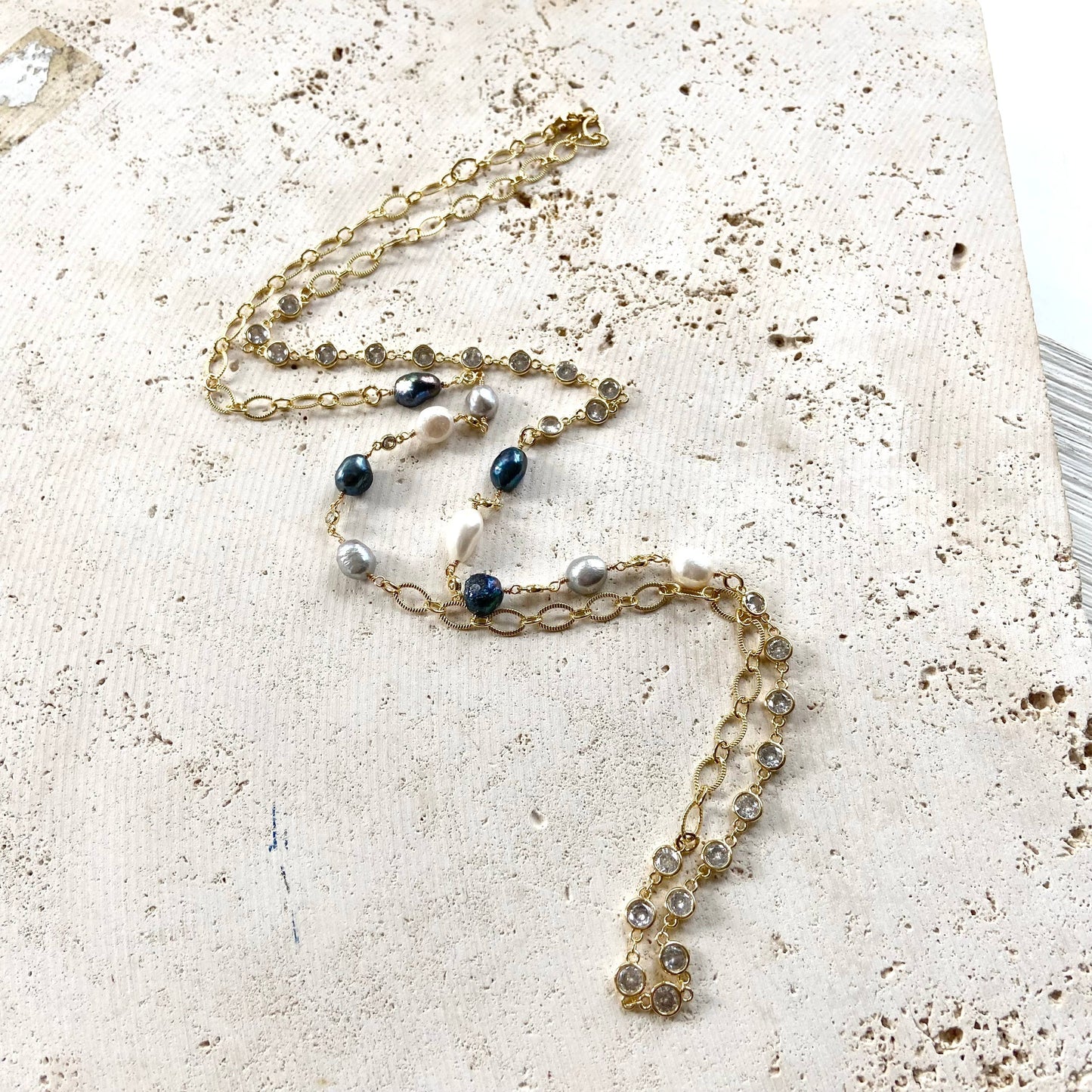 Denim Pearl Crystal Layering Necklace
