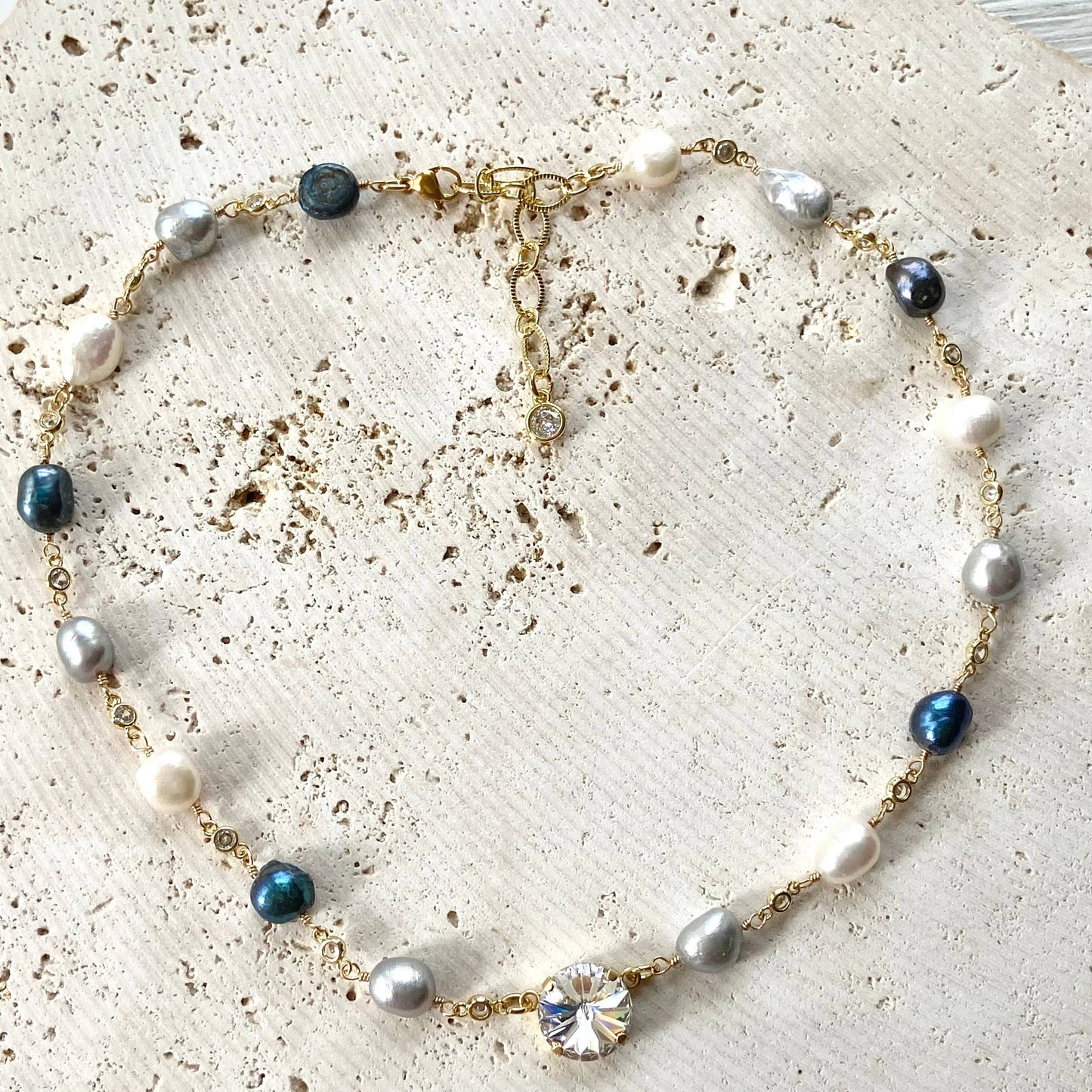 Denim Pearl Crystal Necklace - Short