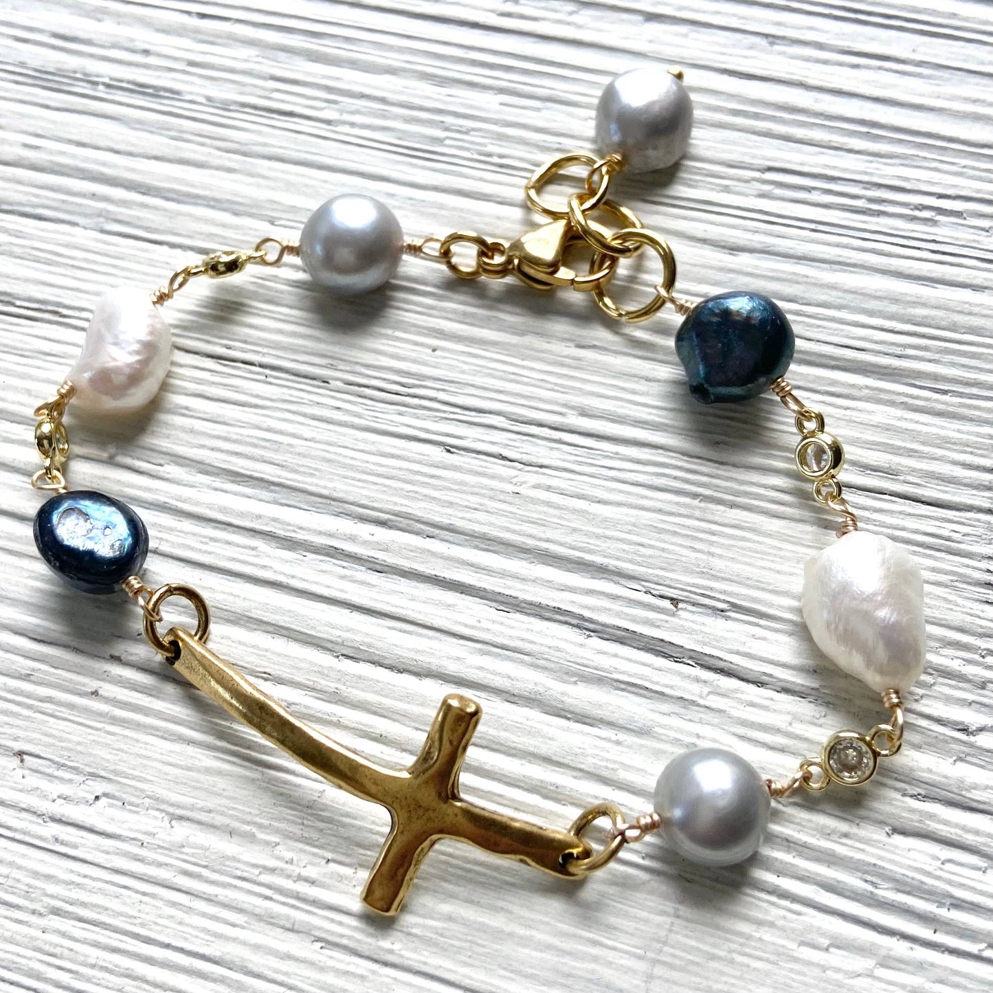 Denim Pearl Mix Cross Bracelet