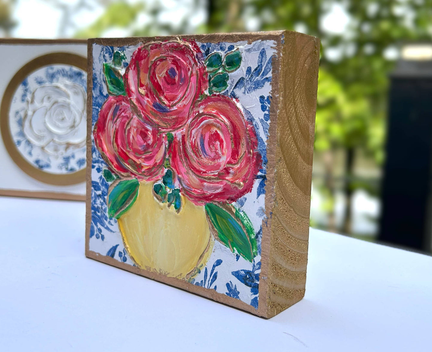 Painting - Pink Flowers in Yellow Vase on Wood