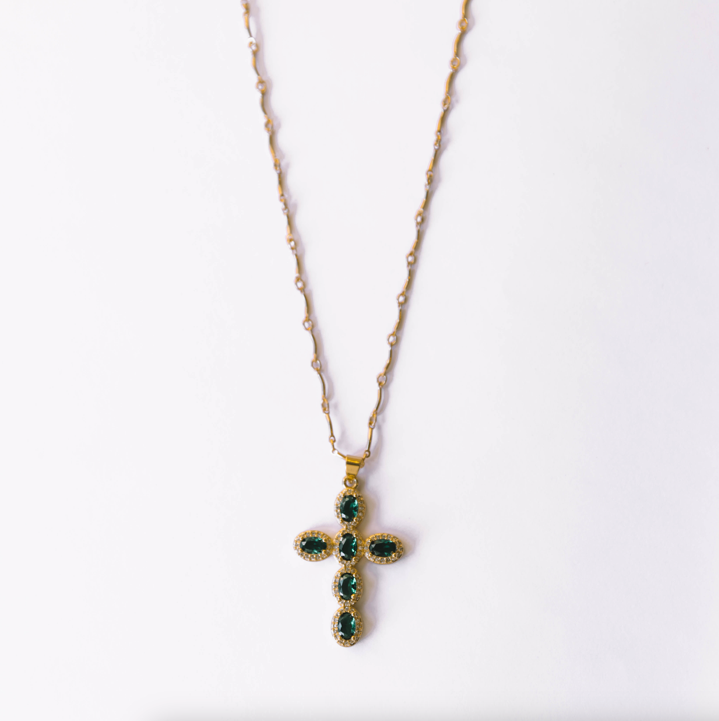 Cross Necklace - Green Crystals