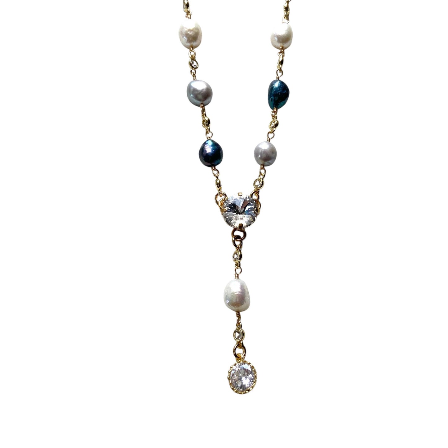 Denim Pearl Mix Crystal Drop Necklace