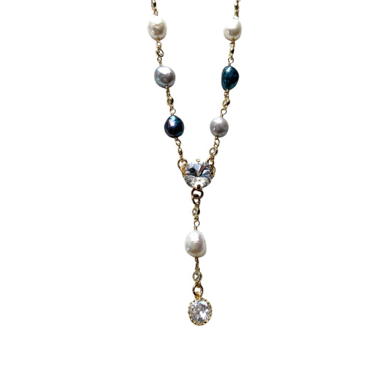 Denim Pearl Mix Crystal Drop Necklace