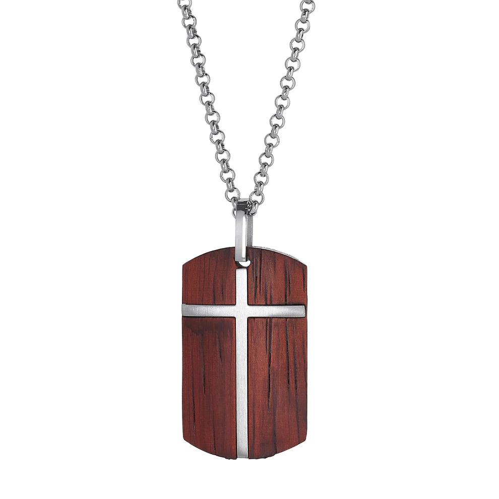 Stainless and Wood Tag with Center Cross