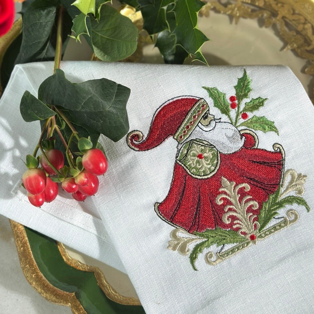 Towel - Embroidered Linen - Santa