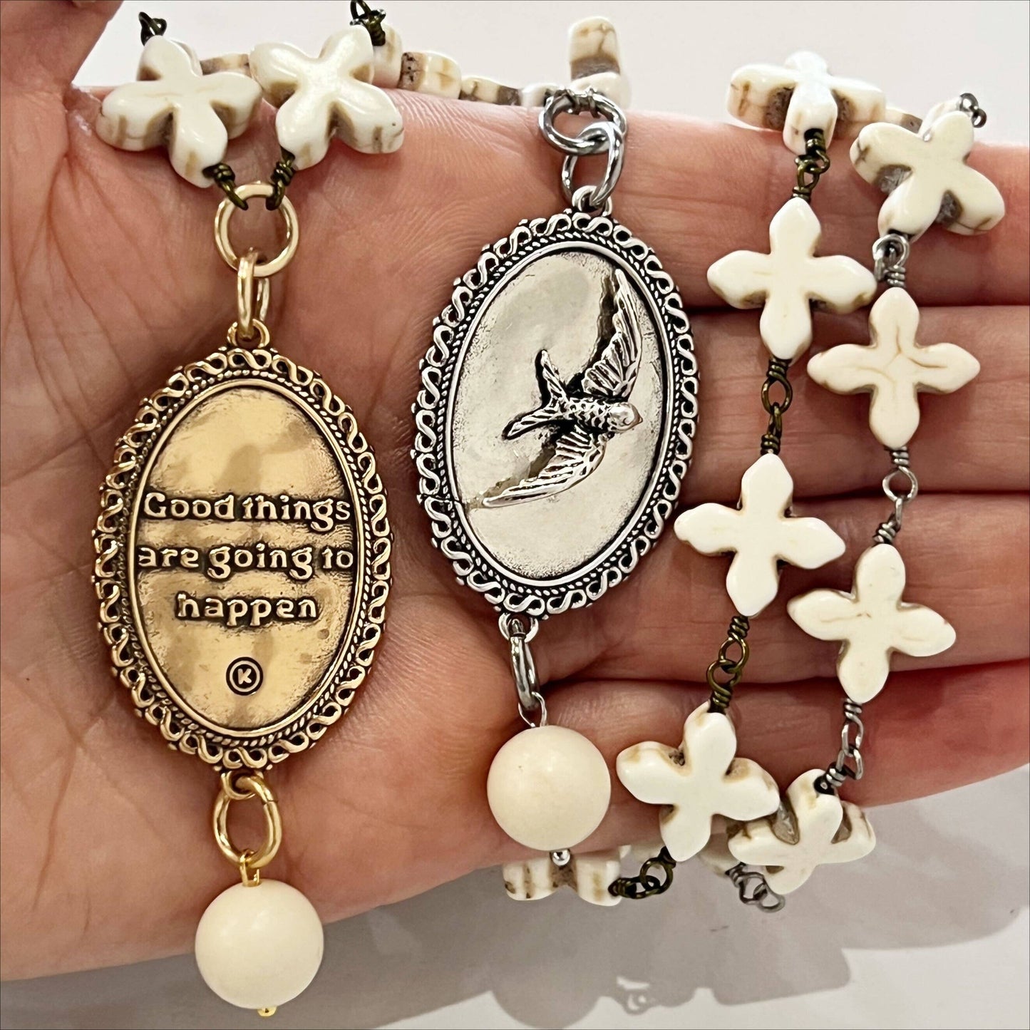 Sparrow Necklace with Howlite Cross Beads