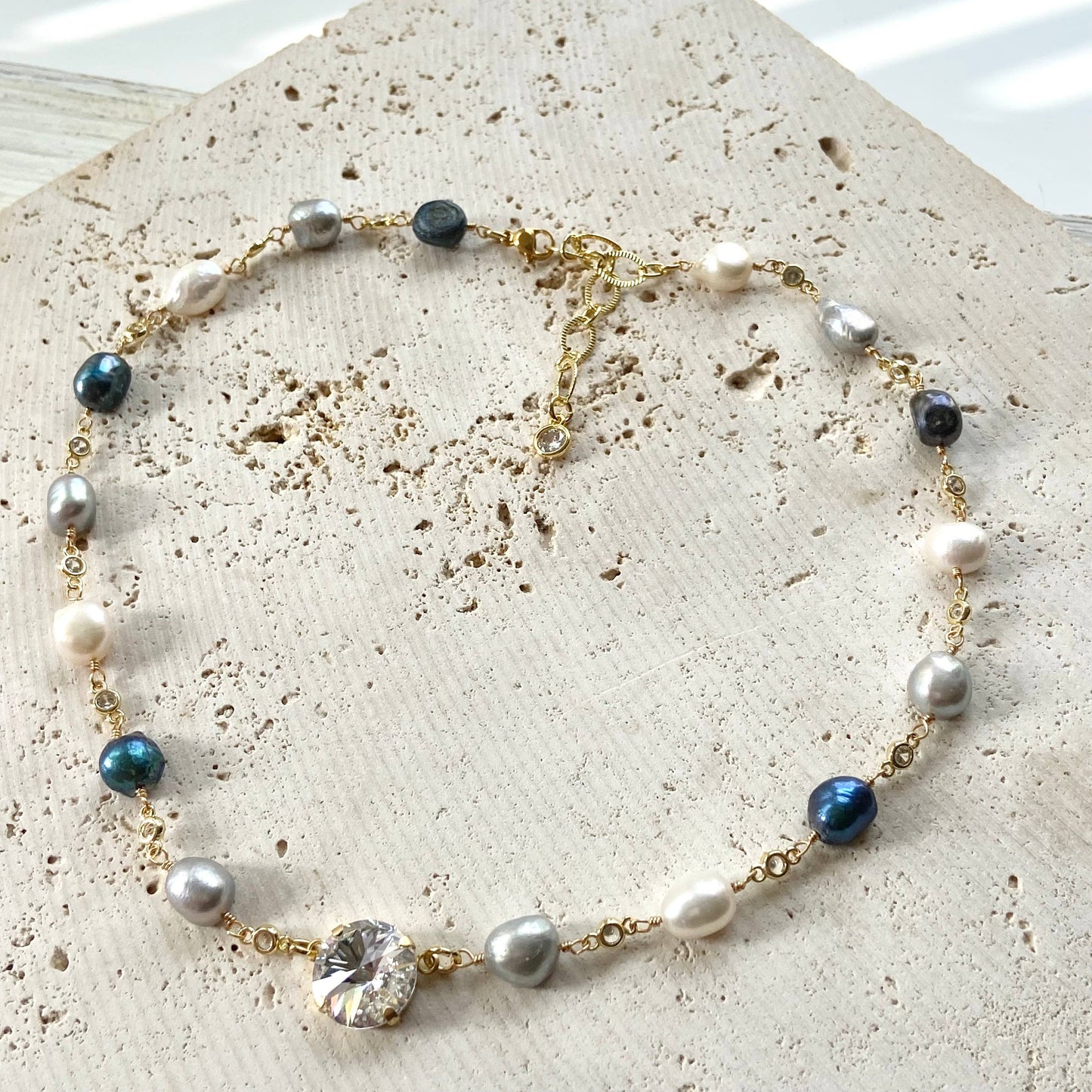 Denim Pearl Crystal Necklace - Short