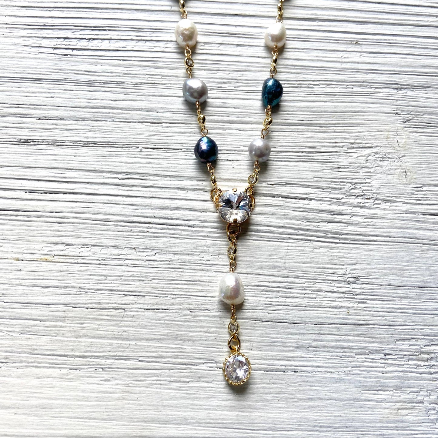 Denim Pearl Mix Crystal Drop Necklace