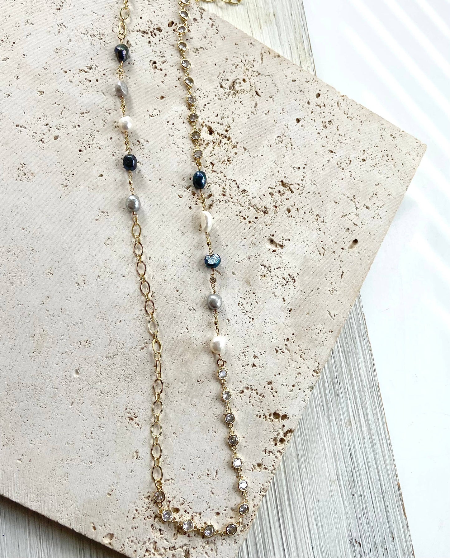 Denim Pearl Crystal Layering Necklace