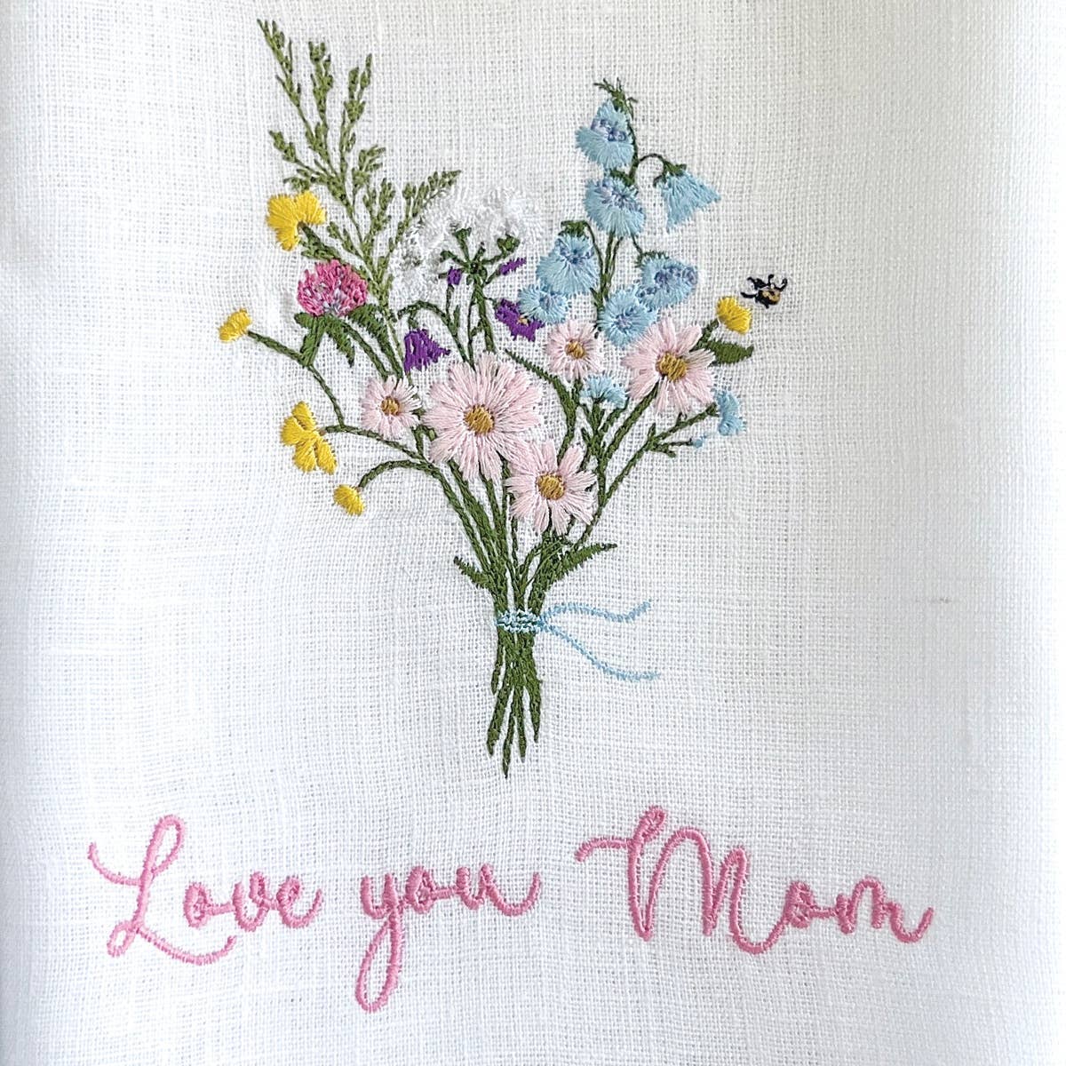 Tea Towel - Embroidered Linen - Love You Mom