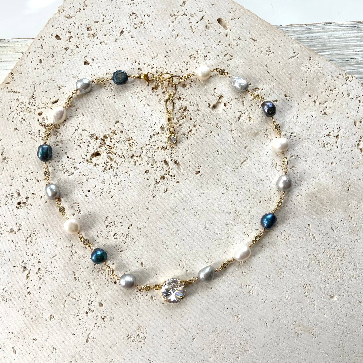 Denim Pearl Crystal Necklace - Short