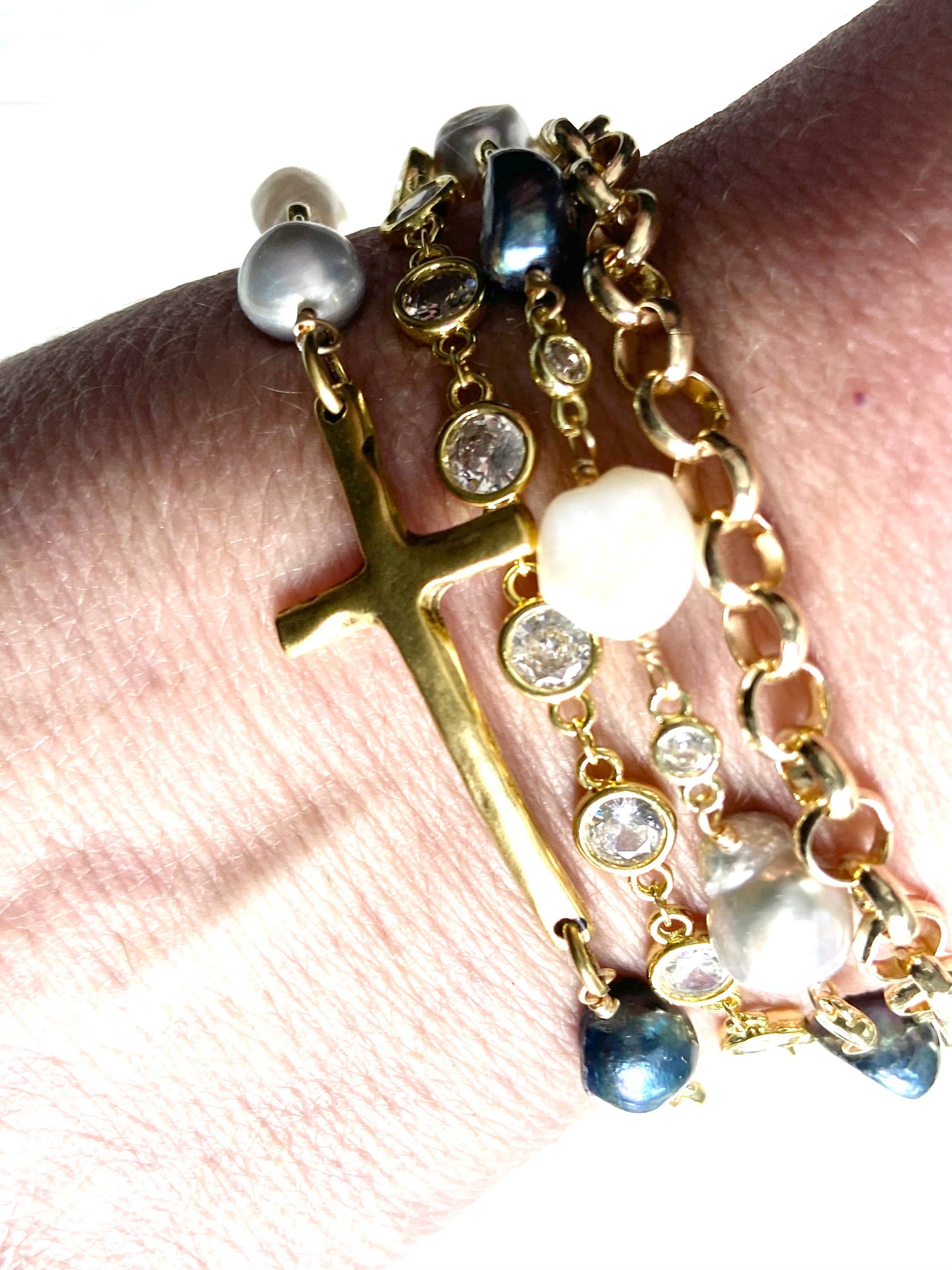 Denim Pearl Mix Cross Bracelet