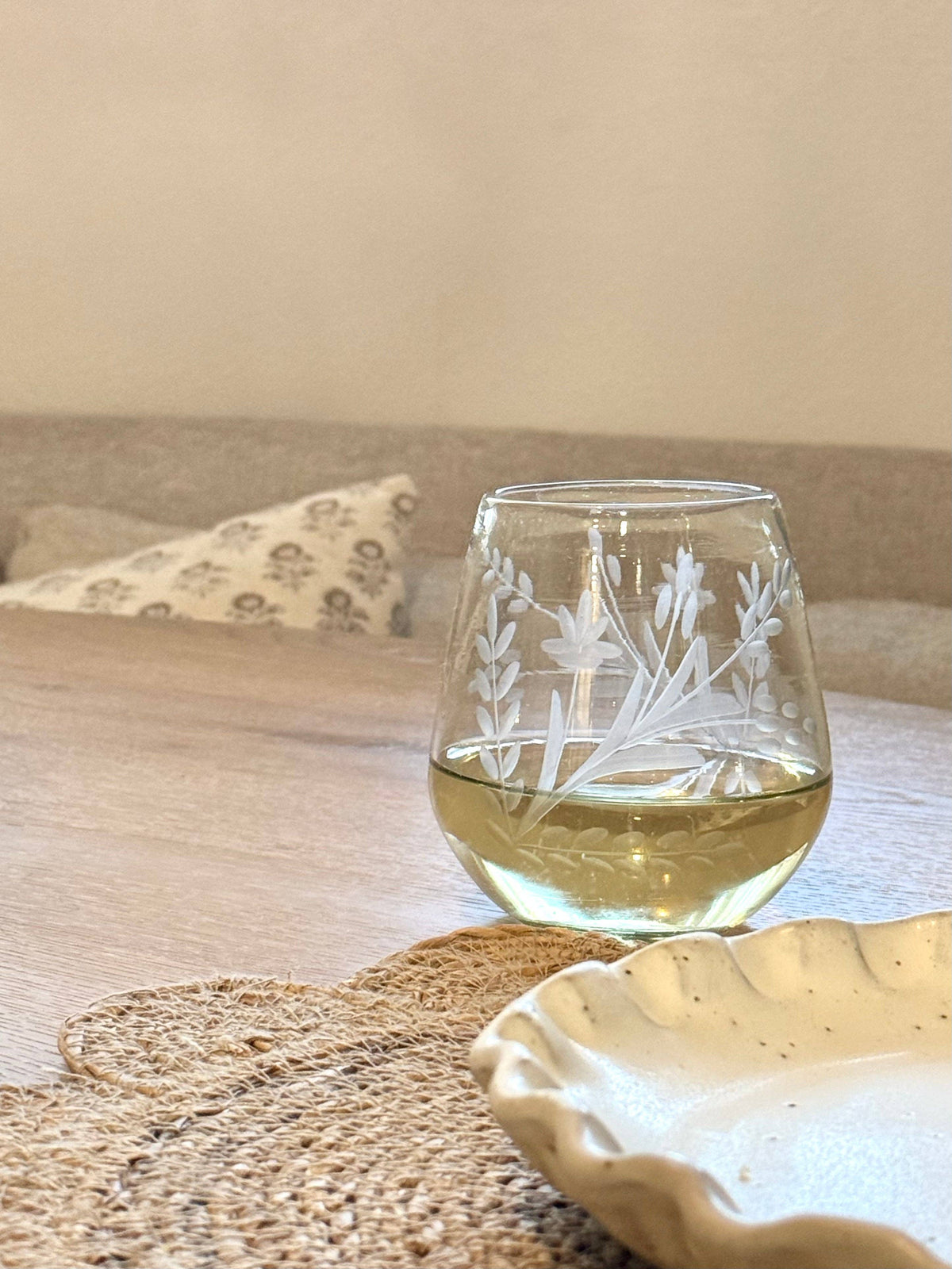 Wine Glass - Stemless - Hand Etched Blown