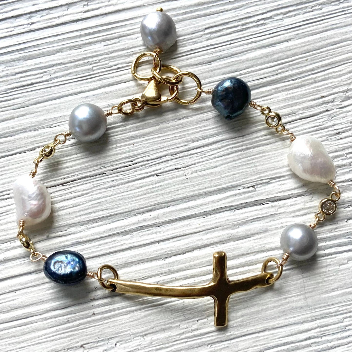 Denim Pearl Mix Cross Bracelet