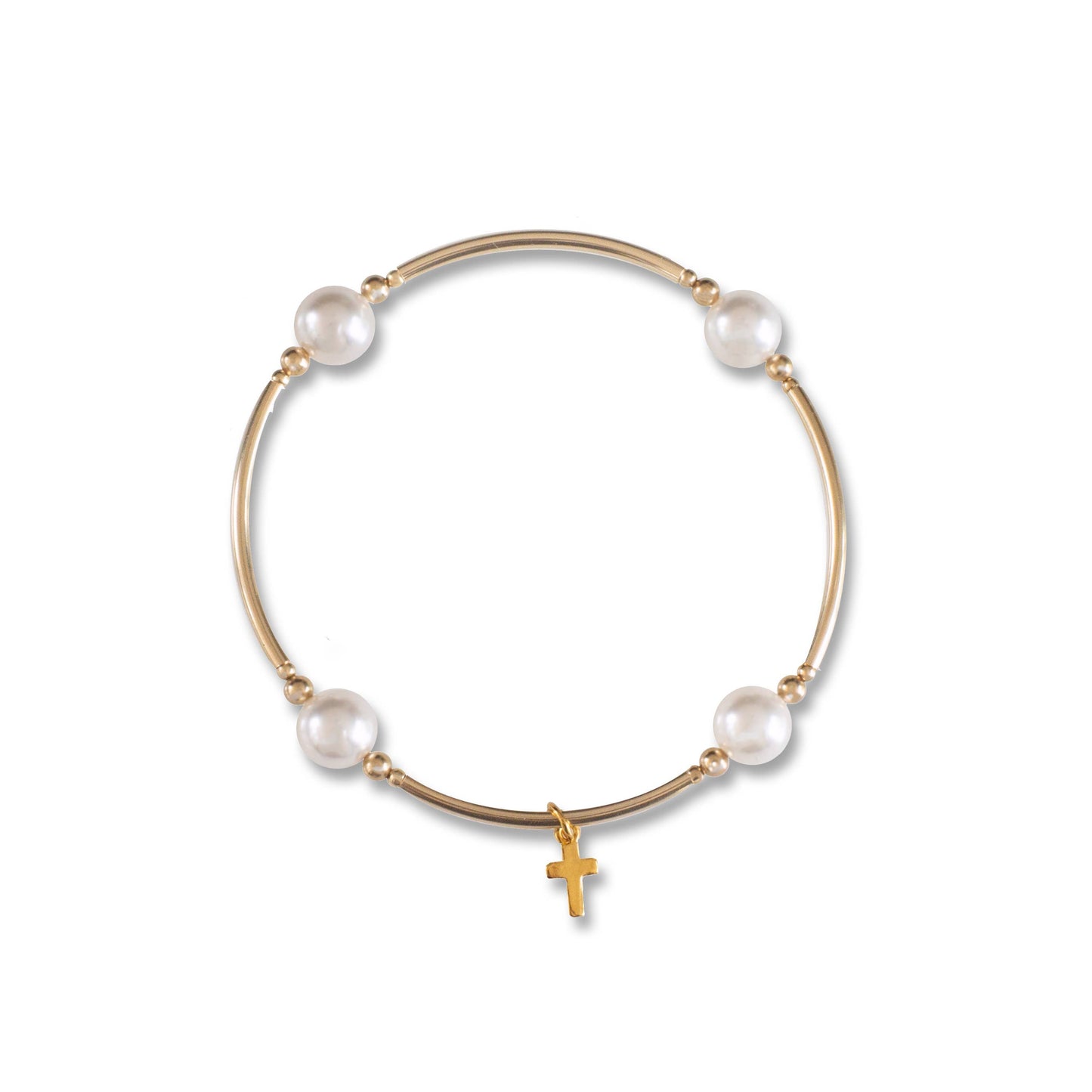 8mm White Pearl & Cross Charm Blessing Bracelet with 14K Gold Filled Tubes