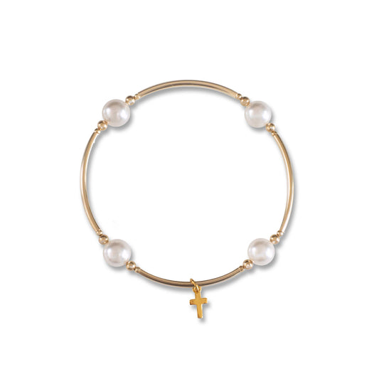8mm White Pearl & Cross Charm Blessing Bracelet with 14K Gold Filled Tubes