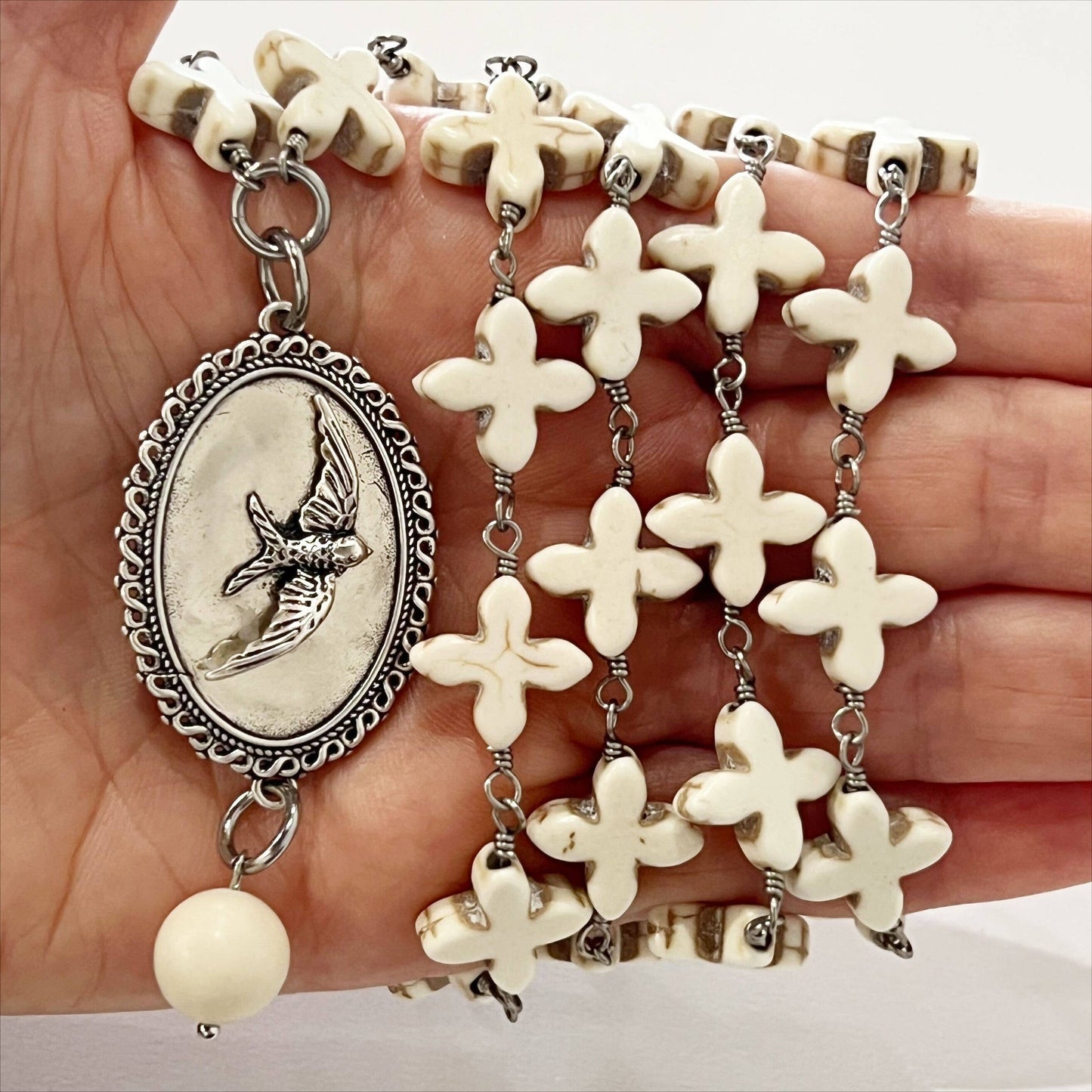 Sparrow Necklace with Howlite Cross Beads