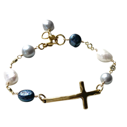 Denim Pearl Mix Cross Bracelet