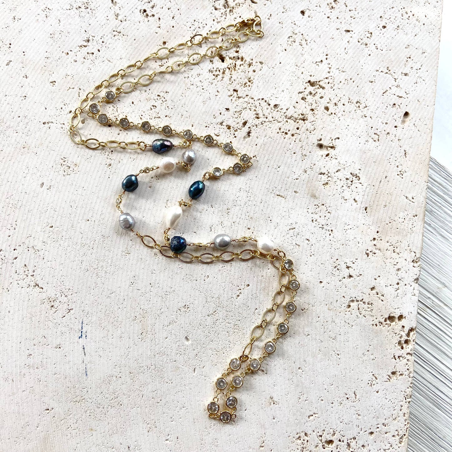 Denim Pearl Crystal Layering Necklace
