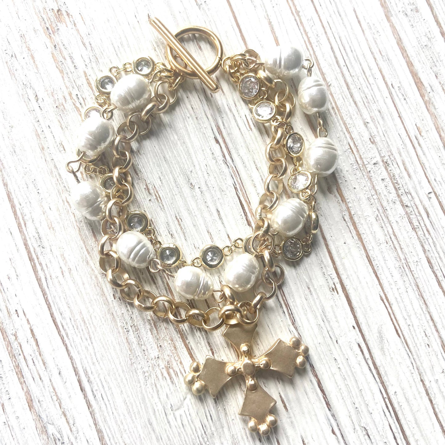 Bracelet - French Vintage Cross + Pearls