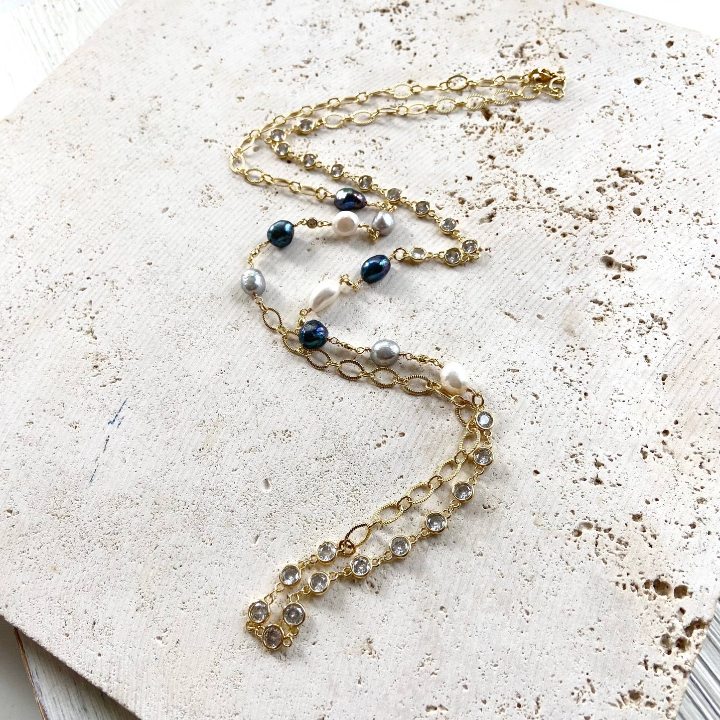 Denim Pearl Crystal Layering Necklace