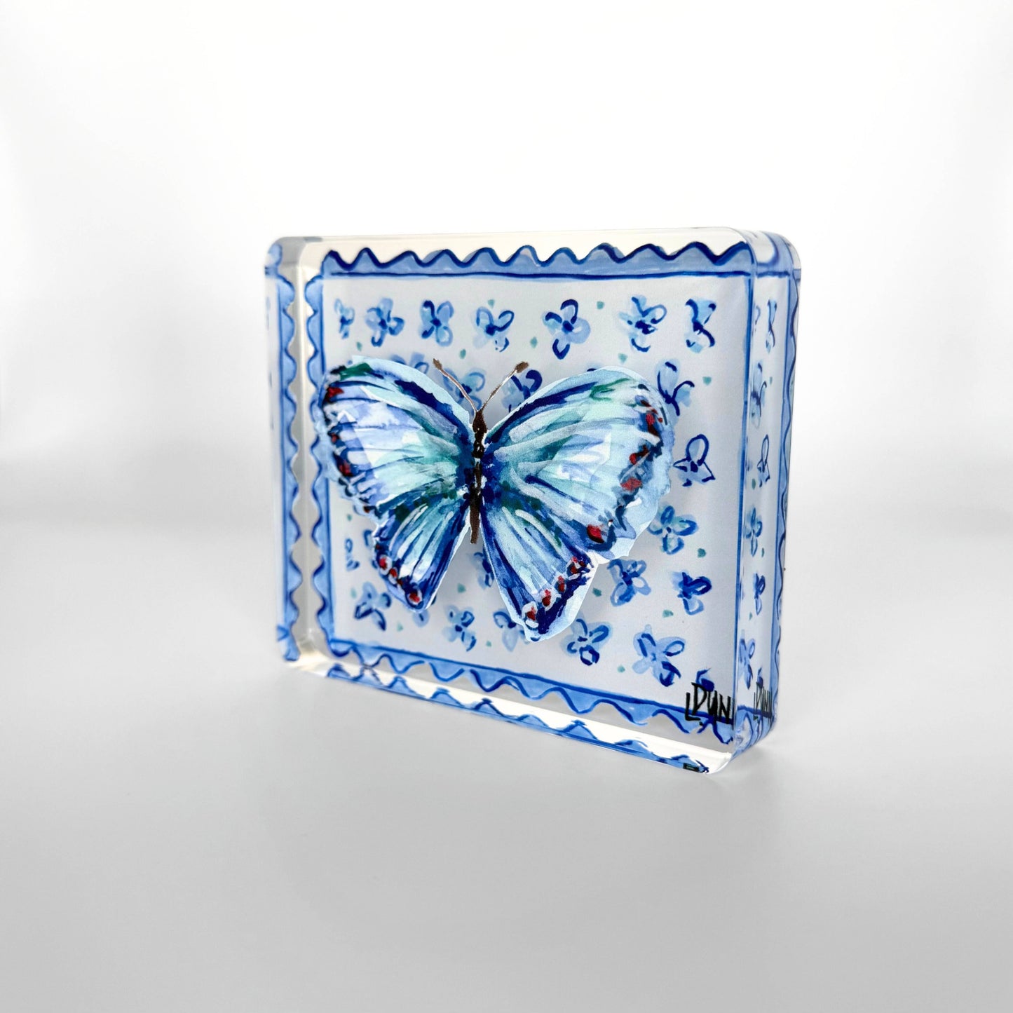 Acrylic Butterfly Block - Blue on Floral