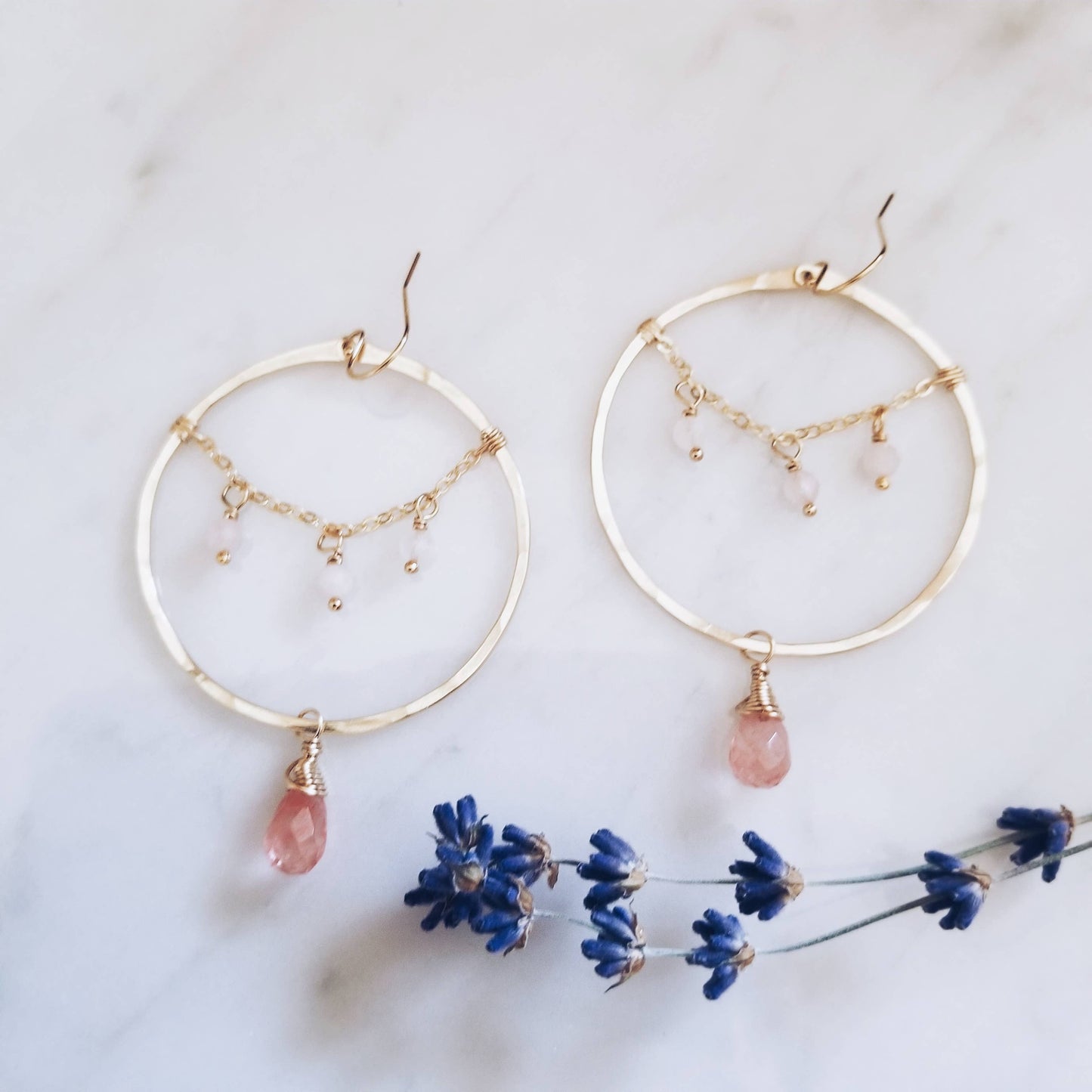 14K GF + Pink & Cherry Quartz earrings