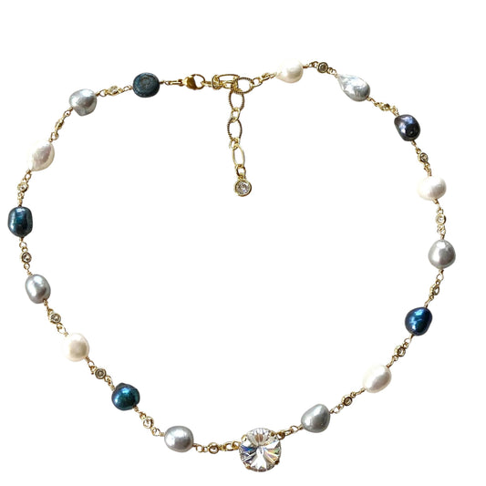 Denim Pearl Crystal Necklace - Short