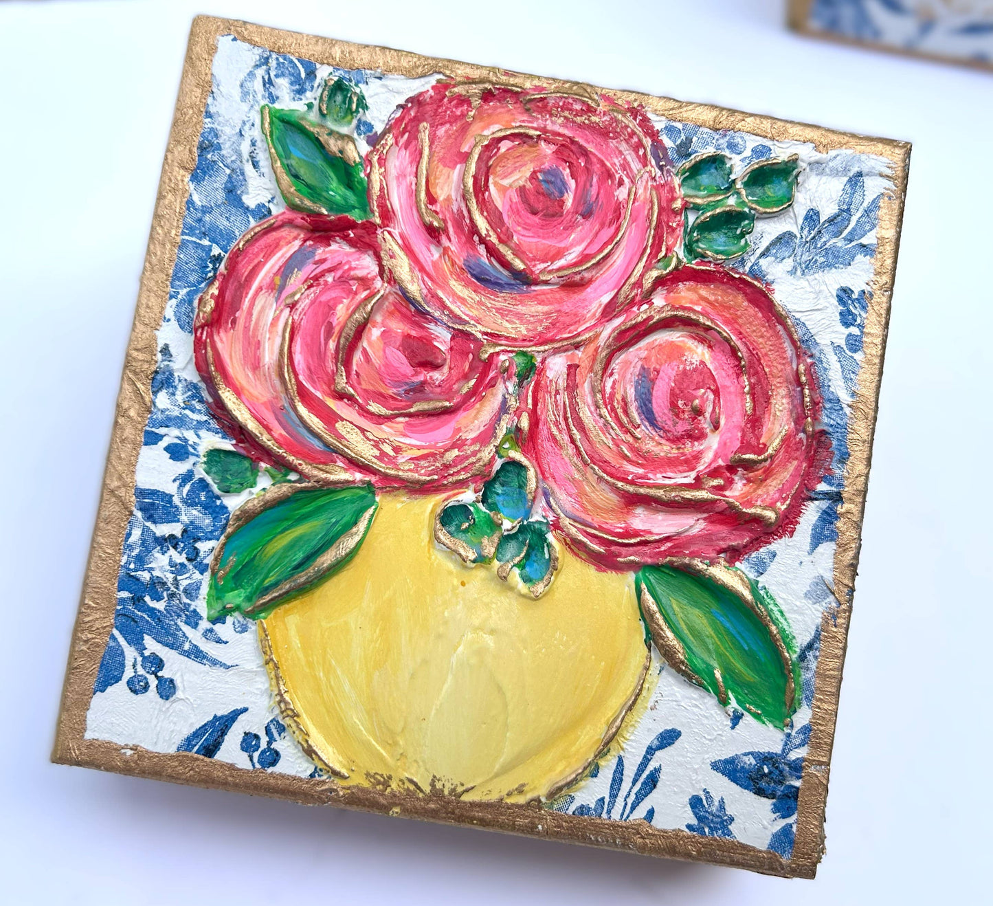 Painting - Pink Flowers in Yellow Vase on Wood