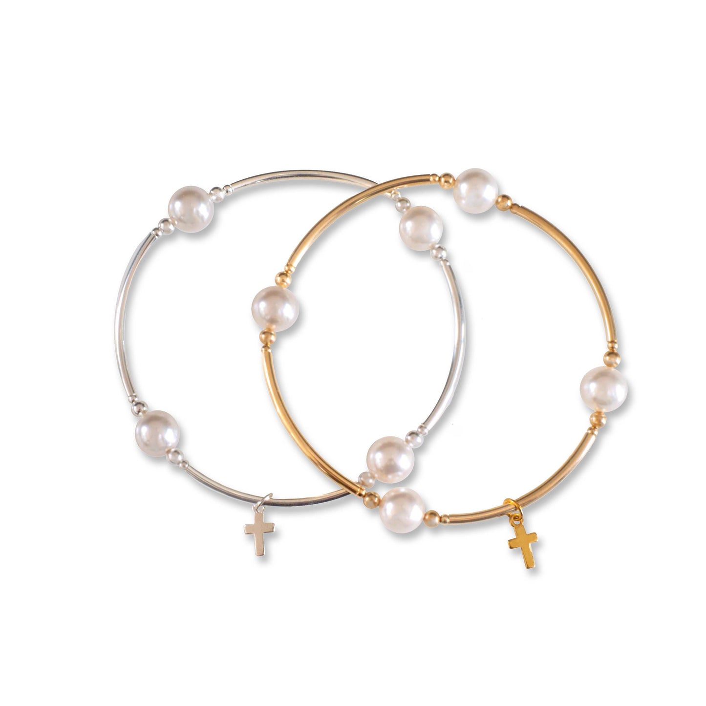 8mm White Pearl & Cross Charm Blessing Bracelet with 14K Gold Filled Tubes