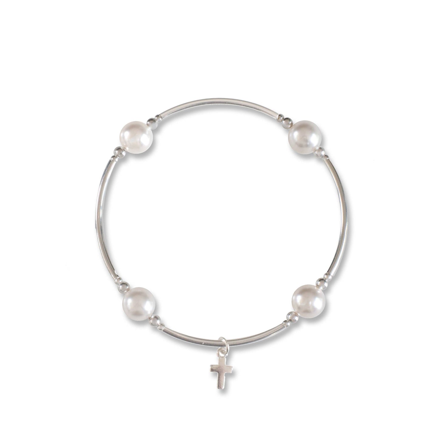 8mm White Pearl & Cross Charm Blessing Bracelet with Sterling Silver Tubes