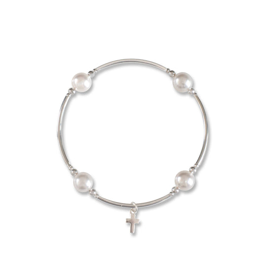 8mm White Pearl & Cross Charm Blessing Bracelet with Sterling Silver Tubes