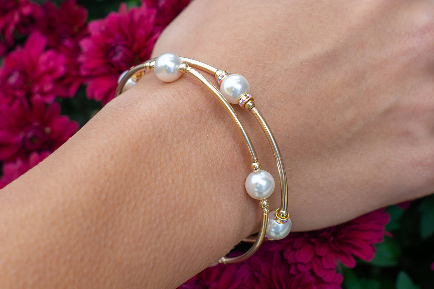 8mm White Pearl Blessing Bracelet with Gold Filled Tubes