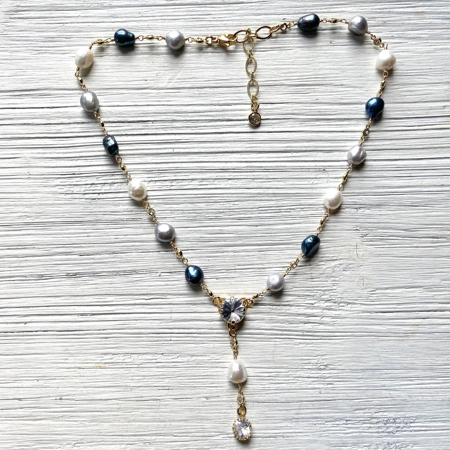 Denim Pearl Mix Crystal Drop Necklace