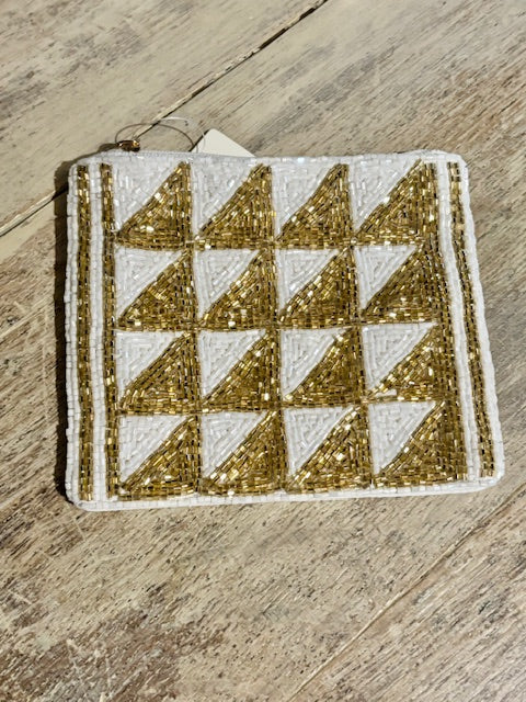 Beaded Zippered Pouch - Gold & White