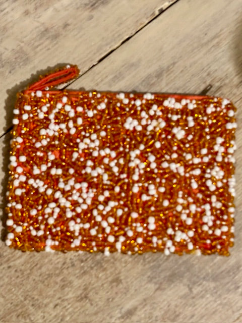 Beaded Zippered Pouch - Orange & White