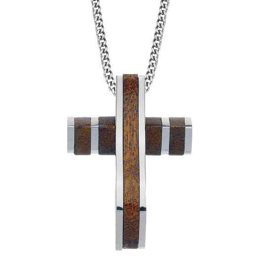 Wooden Cross with Vertical Stainless Stripes