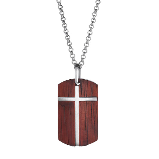 Stainless and Wood Tag with Center Cross