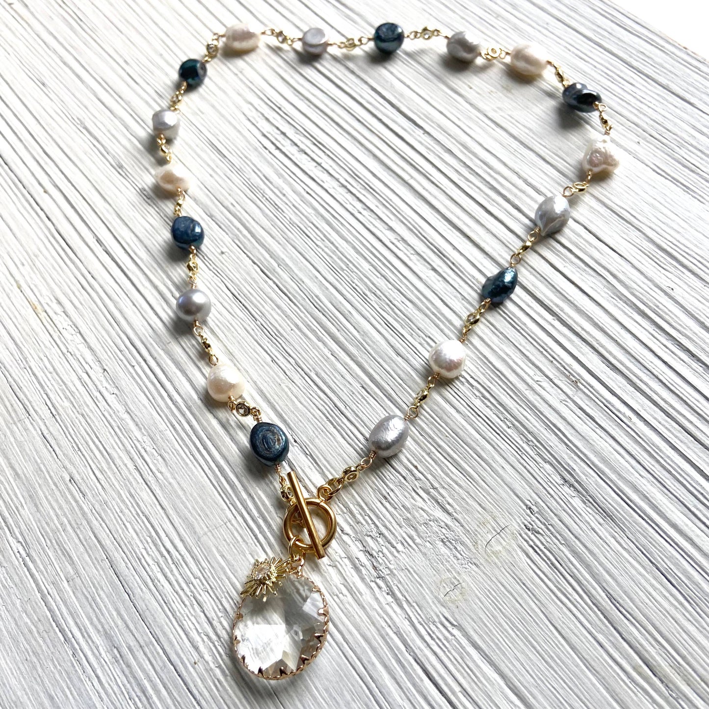 Denim Pearl Crystal with Starburst Necklace