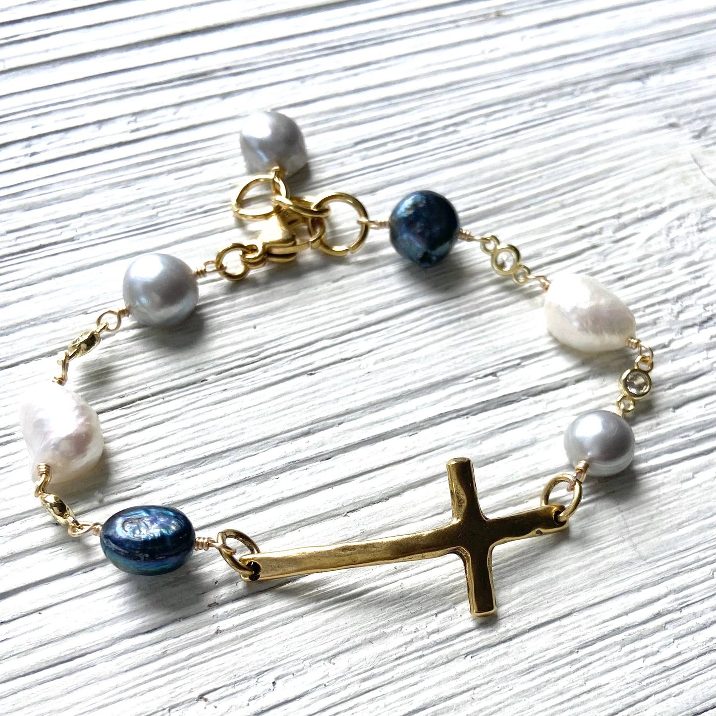 Denim Pearl Mix Cross Bracelet