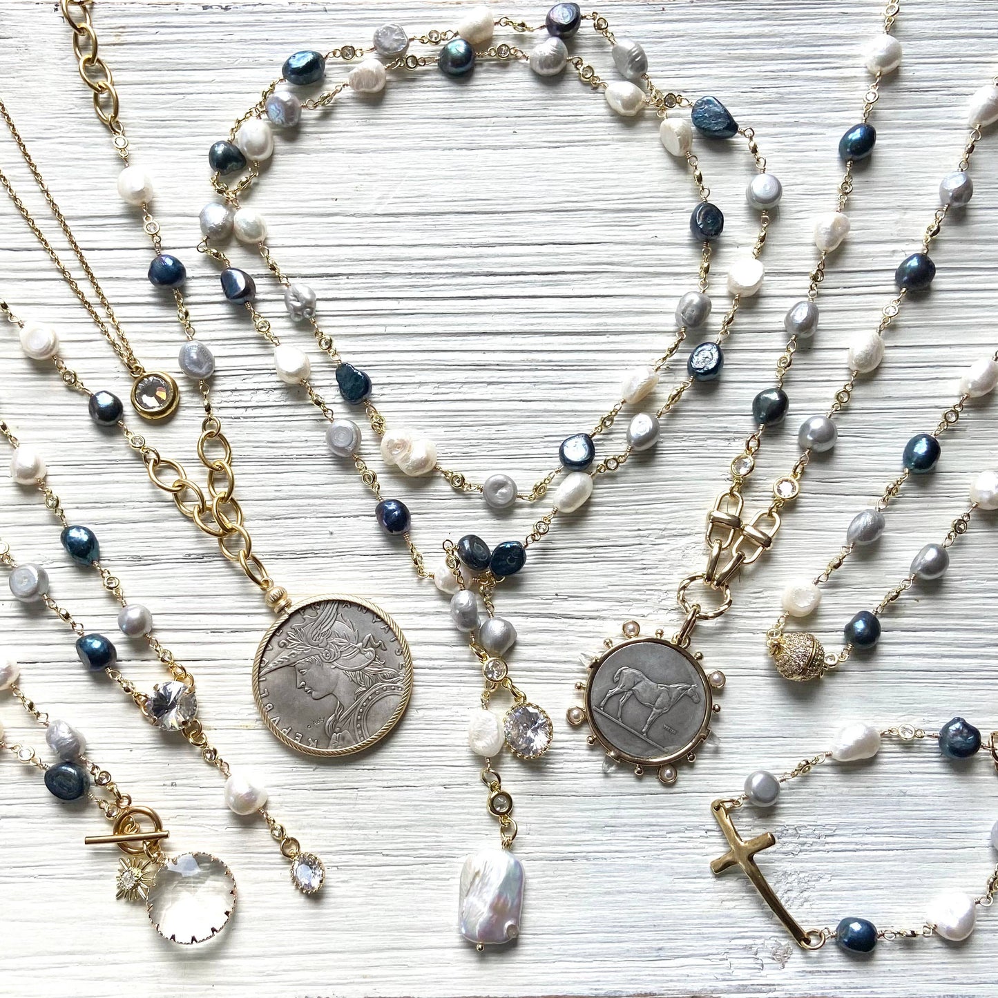 Denim Pearl Crystal with Starburst Necklace