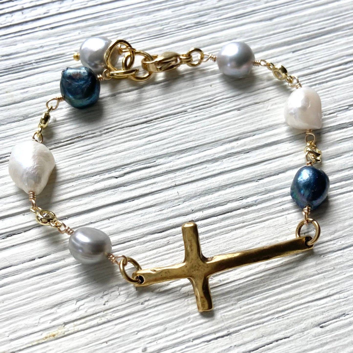 Denim Pearl Mix Cross Bracelet