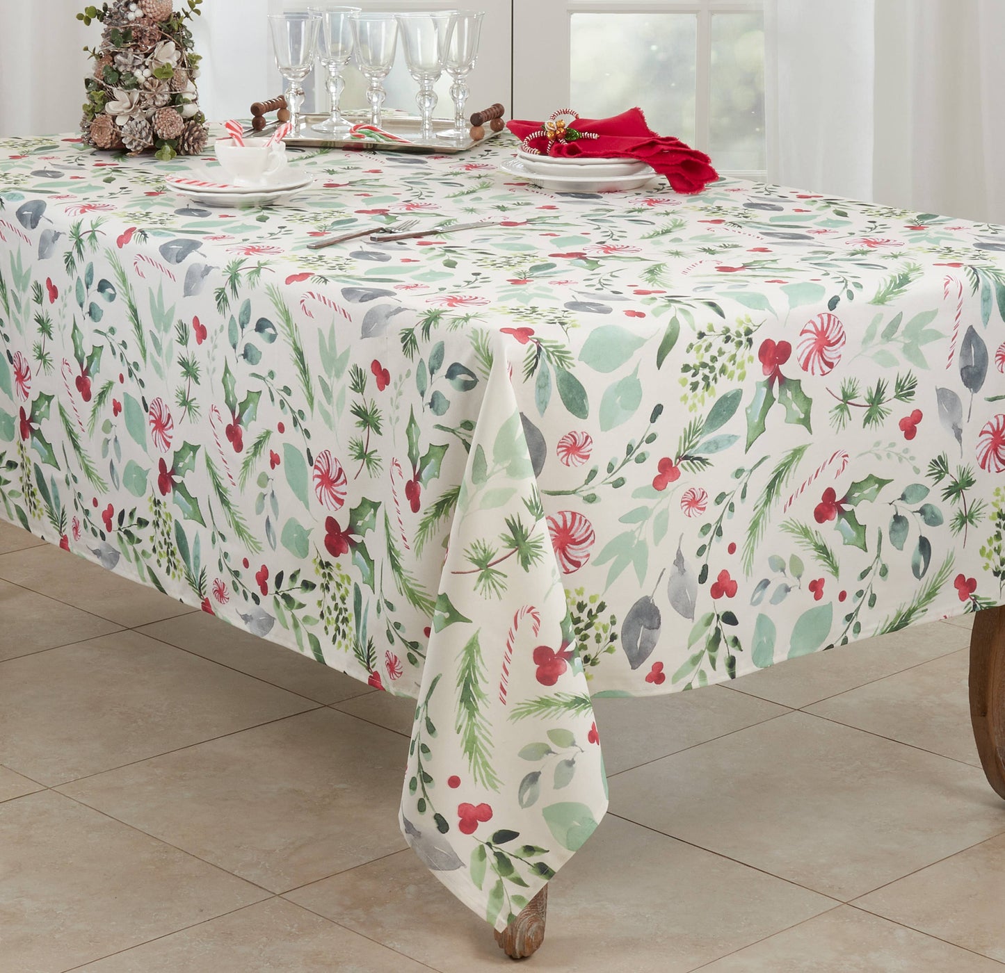 Christmas Foliage and Candy Canes Tablecloth