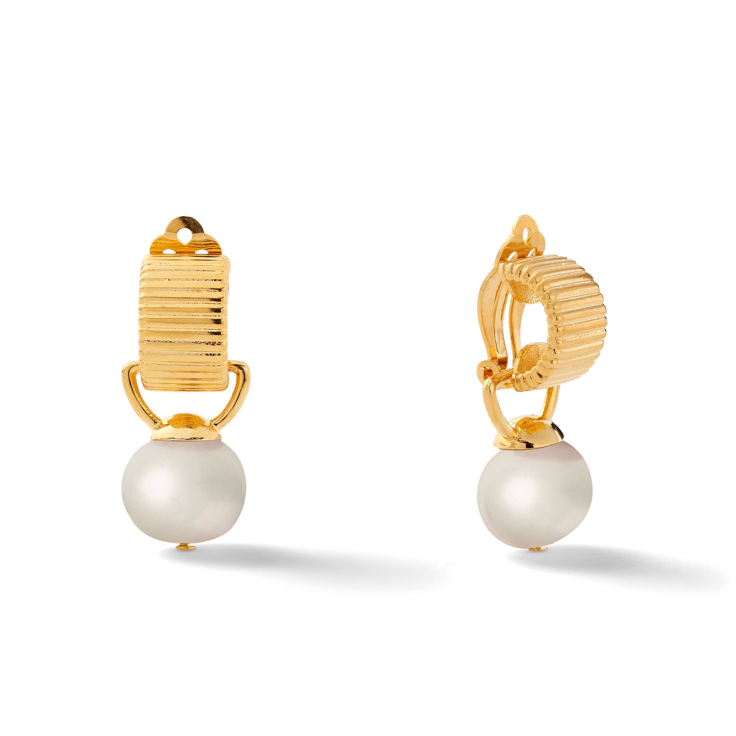 Earrings - Clip Classic Scalloped w/ Detachable Drop Pebble Pearl - White