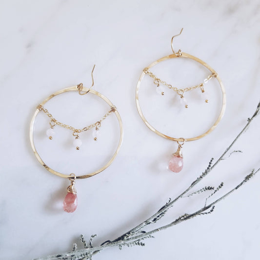 14K GF + Pink & Cherry Quartz earrings
