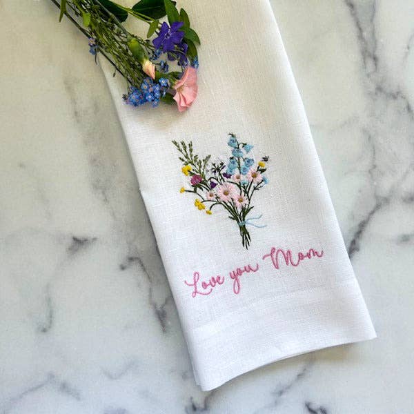 Tea Towel - Embroidered Linen - Love You Mom
