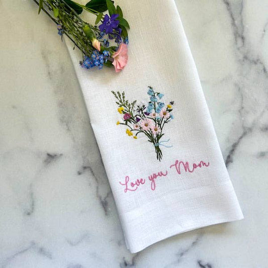 Tea Towel - Embroidered Linen - Love You Mom