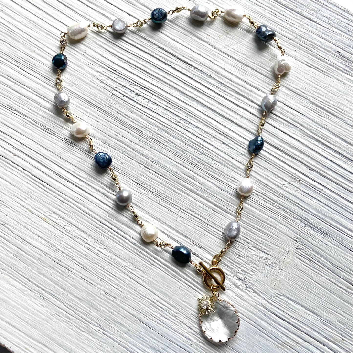 Denim Pearl Crystal with Starburst Necklace