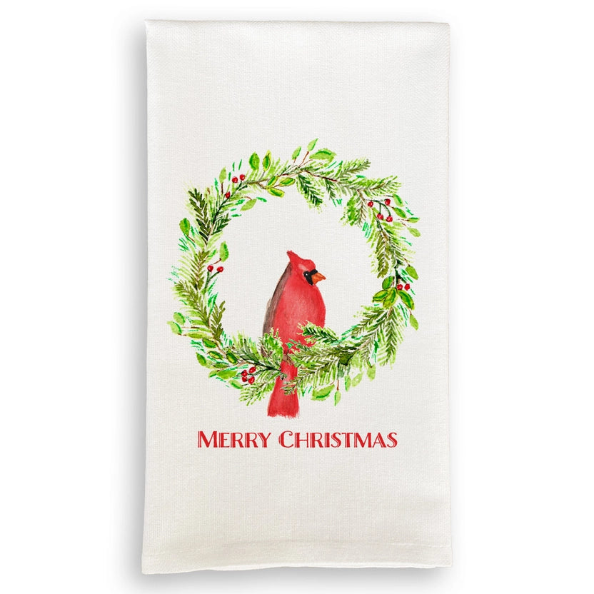 Tea Towel - Cardinal Wreath Merry Christmas